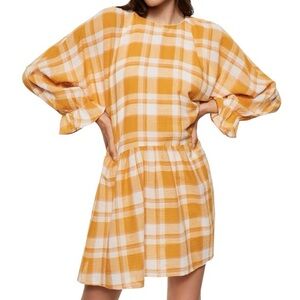 NWT Mango Checked 3/4 Sleeve Cotton Mini‎ Dress Size 6 Feminine Academia Preppy